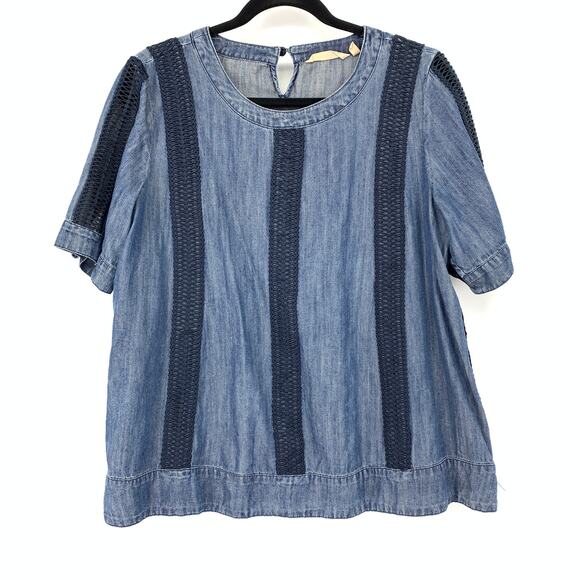 Soft Surroundings Chambray Crochet Stripe Blouse Womens Sz M Short Sleeve Blue - Picture 1 of 6